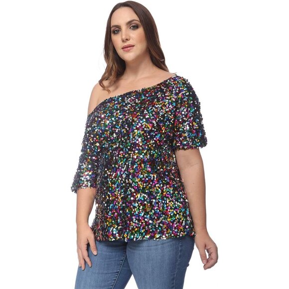 Plus Size Sequin One Shoulder Short Sleeve Party Top Relaxed Fit - Picture 4 of 6